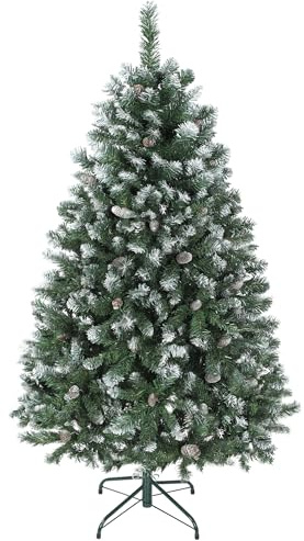 HOMCOM Árbol de Navidad Artificial 150 cm, Árbol de Navidad con 581 Ramas Densas con Nieve, 44 Piñas y Soporte Metálico Plegable, Fácil Montaje, para Salón, Interior, Verde