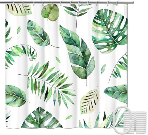 Tenda Doccia 180x200, Antimuffa, Impermeabile, Tessuto in Poliestere, Tenda per Doccia con 12 Anelli, Verde Foglie Piante, Tende Vasca da Bagno Angolare per Bagno Hotel, Larghezza Parete 136-155 cm