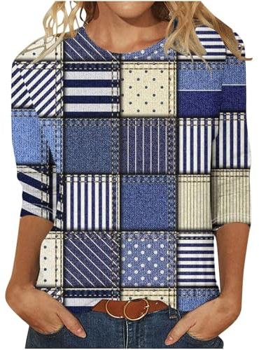 FlutVolt damblus vardaglig 3/4-ärm t-shirt elegant bomull tunika toppar lös rund hals sommarskjortor färgglad randig lång skjorta vintage sport lång blus kvinnors sommartröja