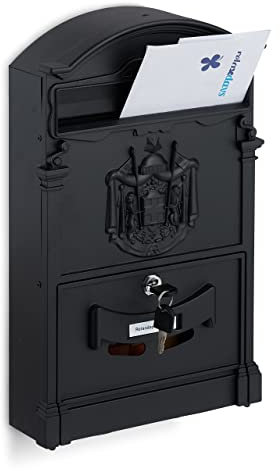 Relaxdays Buzón Exterior Antiguo, para Pared, con Ventanilla, Diseño Retro, 41 x 25,5 x 9 cm, Acero y Aluminio, Negro