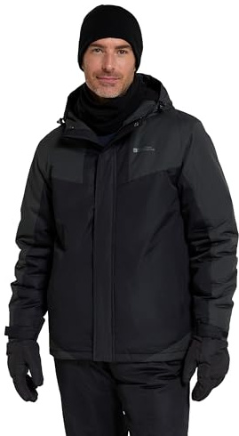 Mountain Warehouse Dusk Mens Ski Jacket - Water Resistant Fleece Lined Rain Coat with Snow Skirt, Adjustable Hood & Cuffs - For Skiing, Snowboarding & Outdoors Black L