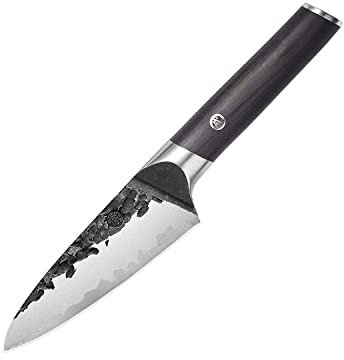 MITSUMOTO SAKARI Couteau Office 11 cm, Couteau Cuisine en Acier Inoxydable à Haute Teneur en Carbone, Couteau Japonais Forgé à la Main (Manche en Pakkawood et Boutique Boîte en bois)