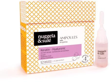 Nuggela & Sulé Pack Keratin-Hyaluron Ampuller - Reparerar & Återuppbygger. Med Ricinolja och Hydrolyserat Keratin. Omedelbar Reparation. Flasheffekt. Behandling för 4 veckor. 4 x 10 ml