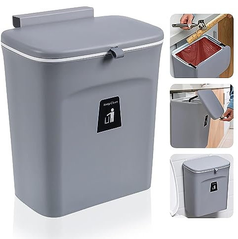 Accmuzzy Mülleimer Küche Komposteimer für Küche, 9L Hängender Mülleimer mit Deckel für Küche und Bad Arbeitsplatte oder unter der Spüle (grau-2)