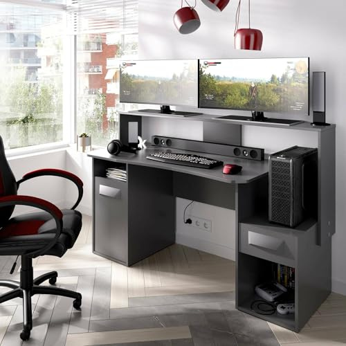 Dmora - Scrivania Manos, Scrittoio multifunzione moderno da gaming, Tavolo da studio porta PC e porta CD, 154x69h98 cm, Antracite, senza luci LED