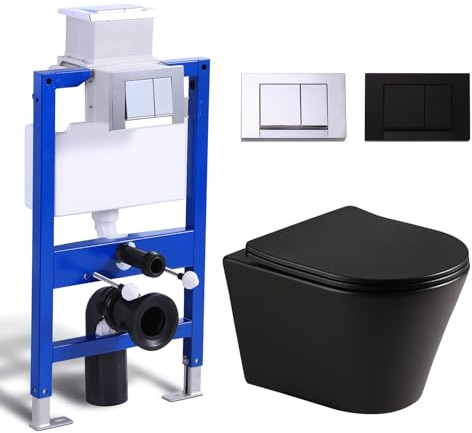 WC sospeso senza bordi, colore nero opaco con cassetta di risciacquo a incasso, WC e elemento a parete, set completo, 2 piastre per WC da parete con abbassamento automatico Soft-Close, ciotola per WC