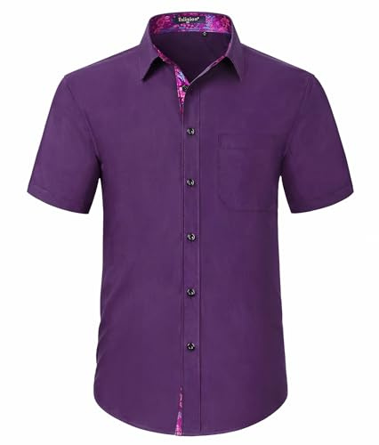 Enlision Camisas Hombre Manga Corta Camisa de Vestir Camisas Formales Camisa Regular Fit Casual Botones Shirts Morado 3XL