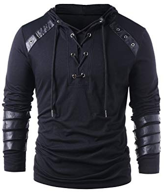 Loesoul Mens Gothic Steampunk Hoodie Shirt Medieval Victorian Retro Lace Up Pullover Long Sleeve Hooded Sweatshirt Tops, Black, M
