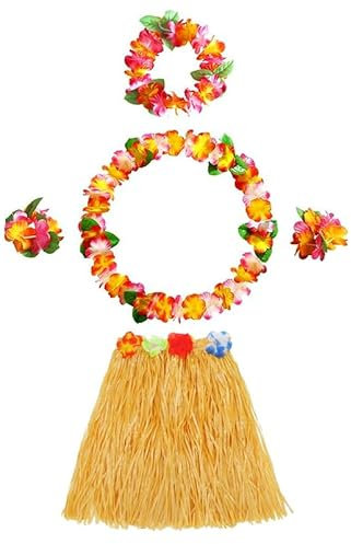 Lot de 5 jupes hawaïennes Leis Hula Herbe, collier hawaïen, bandeau, bracelets, jupes Luau, colliers pour enfants et adultes, décorations de fête tropicales pour enfants et adultes