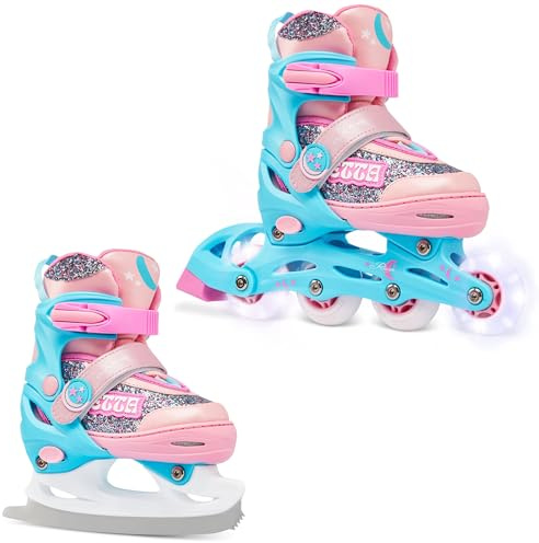 RAVEN 2in1 Pattini da ghiaccio Pattini in linea per bambini ragazze regolabili (Etta Blue/Pink, 34-37 (21,5cm-24cm))