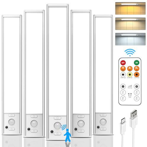 9inch Under Cabinet Lighting Wireless, Rechargeable Motion Sensor Indoor Light, 3 Color Temps & Dimmable Closet Lights with Remote, Magnetic Under Counter Light for Kitchen, Stairs, Wardrobe, 5 Pack
