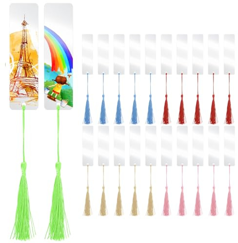 40 Akryl Bokmärken & 40 Färgglada Tofsar, DIY Transparenta Bokmärken att Måla, Rektangulära Personliga Bokmärken för DIY-projekt och Presentetiketter