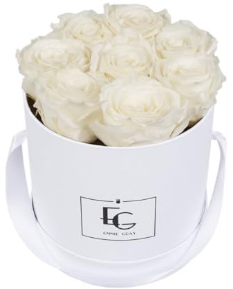 EG EMMIE GRAY Classic Infinity Rosebox | Round | S | Vit – 9 ± 1 Infinity rosor med lång hållbarhet, riktiga rosor som blommar upp till 3 år, konserverade rosor (Pure White)
