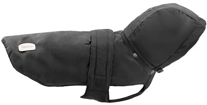 Record - Cappottino impermeabile per Cani Brumy con cappuccio rimovibile. Impermeabile caldo e resistente, perfetto per proteggere il tuo cane da pioggia e freddo |Nero, S - Lunghezza dorso 35 cm