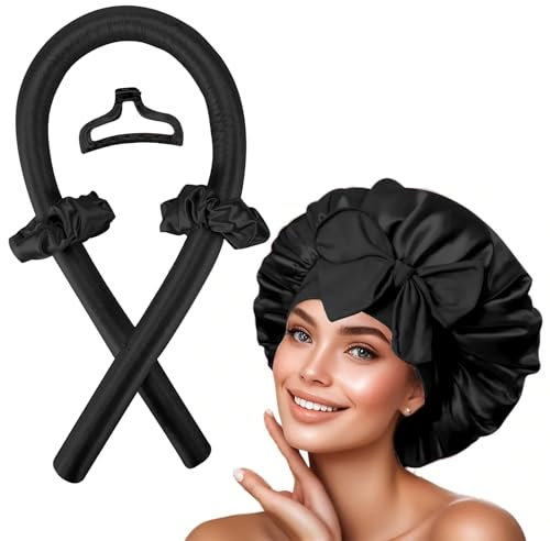 Hroevc Heatless Hair Curler & Silk Bonnet Set, Heatless curls Overnight with Bonnet for Sleeping, No Heat Hair Curls with Satin Bonnet to Sleep in, Heatless Curling Rod & Hair Bonnet Set (Black)