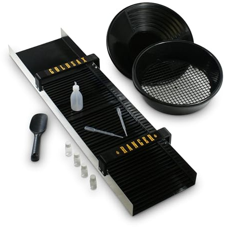 GoldSax Set Completo per la Ricerca dell'oro Composto da 11 Pezzi, Grande Canale di Lavaggio Ranger 100, Padella, setaccio, Set di conservazione e Piccola Pala