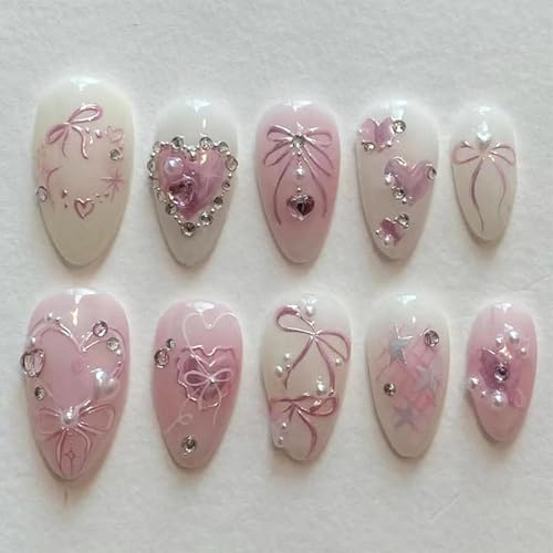 24PCS Pink Press on Nails with 3D Bowknot, Floral & Pearl Design, French Lace Gradient Almond Shape, Medium Length Fake Nails for Easy DIY Manicure at Home, Includes Accessory Tools