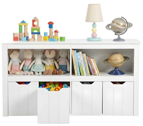 ZECIIYE Mobile Contenitore Giocattoli Bambini, Libreria Salvaspazio Montessori con Ruote, Scaffale Porta Giochi/Libri, Organizer Cameretta 3-12 Anni, Cassettiera Bianca con 4 Scomparti, 120x33x61cm
