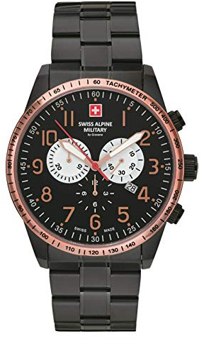 Swiss Alpine Military Grovana Herrenuhr Chronograph mit Edelstahlarmband 10 ATM, Black Ip/Schwarz/Rosa – 9187sam, Armband