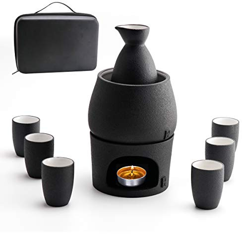 Lyty Sake Set and Cups with Warmer Keep Sake Storage Gift Box, Traditional Porcelain Japanese Pottery Hot Saki Drink, 9pcs Include 1 Stove 1 Warming Bowl 1 Sake Bottle 6 Cup (Black)