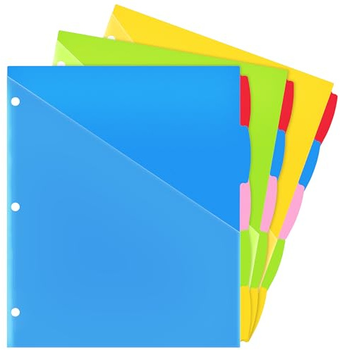 WOT I Durable 5-Tab Binder Dividers with Clear Pocket - 3 Sets, Reusable Plastic Dividers for 3 Ring Binder, 5 Vibrant Colors, Tear-Resistant, Total 15 Tabs (School & Office Supplies)