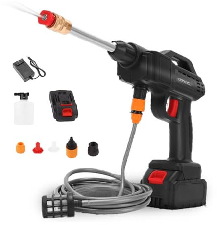 Yunseity Pistola de Lavado a Presión Inalámbrica, 600W de Alta Potencia 18V / 21V Baterías 350PSI Lavadora Eléctrica Inalámbrica Portátil, para Lavado de Autos, Riego de Flores, Etc.(EU Plug)