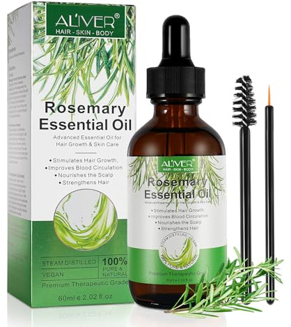 ALIVER Rosmarinolja för hår och hårbotten, Rosemary Oil for Hair, stimulerar hårväxt och hårolja mot håravfall, 100% naturlig rosmarinolja för hudvård, aromaterapi, 60ml