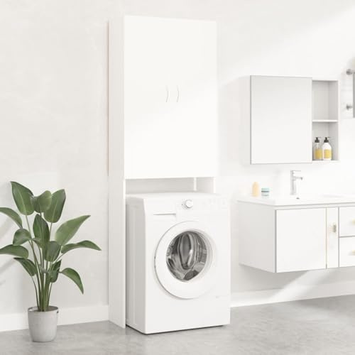 Gecheer Mobile per Lavatrice, 2 Ante e 3 Scomparti, Scaffale Sopralavatrice, Mobile Bagno Salvaspazio, Scaffale per WC, Bianco 64x25,5x190 cm
