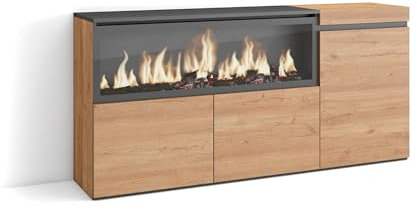 Skraut Home | Aparadores para salón | Gran Capacidad de almacenaje | 160 | 3 Puertas | Chimenea eléctrica XXL | Estilo Moderno | Roble