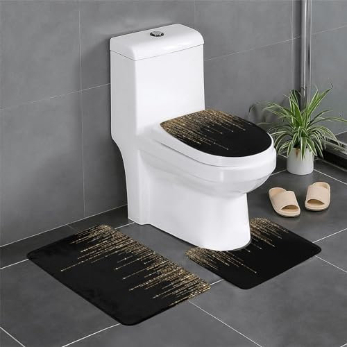 FUkker rutschfeste Badvorleger, 3-teiliges Set mit rutschfesten Badezimmerteppichen und U-förmiger Toilettenmatte,Glitzernder Glitzer in Schwarz und Gold