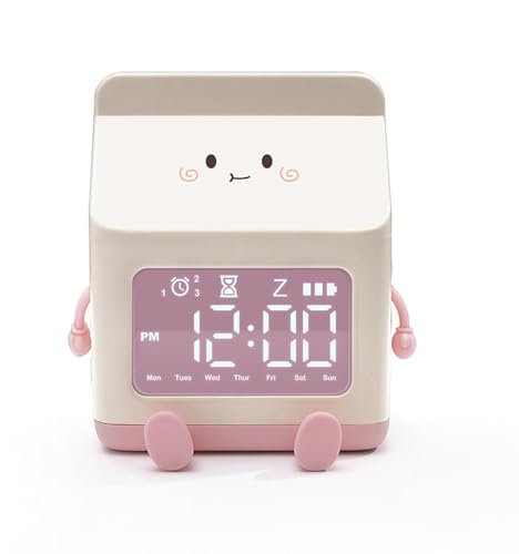 EVGATSAUTO Niedlicher Milchkarton Wecker für, Cartoon Digitaler Wecker mit Alarm und Countdown-Funktion, Praktische Digitale Uhr für Wohnzimmer, Deko, Geschenke (Rosa)