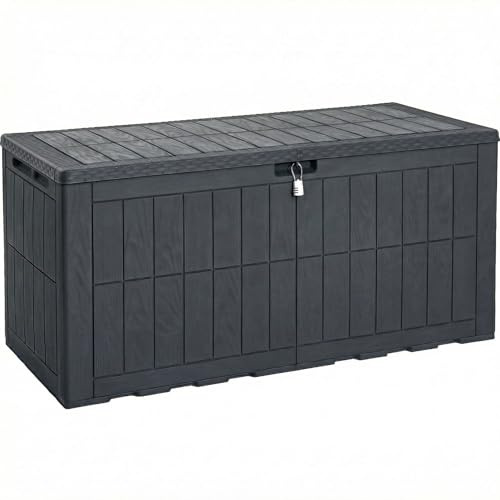 YITAHOME Utomhusförvaringsbox, 120 gallon vattentät däcklåda för trädgårdsverktyg, uteplatskuddar och pooltillbehör, låsbar, enkel montering, mångsidig bänk eller bord (mörkgrå)