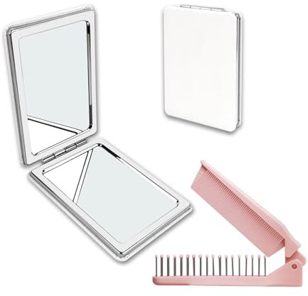 2 serie Specchio e pettine, Pieghevole Spazzola, Spazzola per Capelli Viaggio, Spazzole per styling capelli, Specchi cosmetici e specchietti compatti, Specchio da Viaggio Portatile Ingrandimento 2X