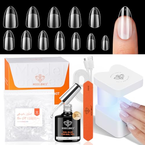 modelones Kit di nail tips e colla in gel, corte a mandorla, copertura completa, 9 in uno, colla per unghie e mini lampada UV per unghie, 216 pezzi, 12 misure, set di nail tips per estensione delle