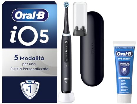Oral-B iO 5 Spazzolino Elettrico Ricaricabile, con 1 Testina di Ricambio, Nero - 1 Testine di Ricambio per Spazzolino Elettrico, Custodia da Viaggio + 1 Dentifricio Pro Expert, Pulizia Denti Efficace