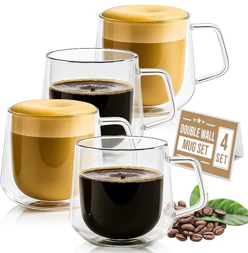 CRYSTALIA Double Walled Glass Coffee Cups 220ml Set of 4, 100% LEAD FREE Double Walled Espresso & Coffee Mugs with Handle, Unique Clear Borosilicate Glass Cups for Hot & Cold Drinks, Tea & Coffee