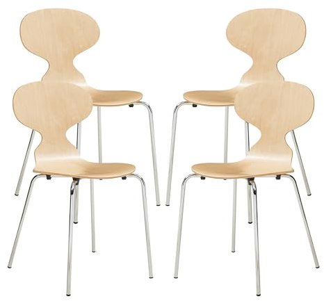 [en.casa] Juego de 4 Sillas Comedor Kil de Estilo Escandinavo Conjunto de 4 Sillas Versátil para Comedor Sala de Estar Sala de Conferencia Metal y Madera de Abedul 80 x 47 x 48 cm - Natural/Cromo