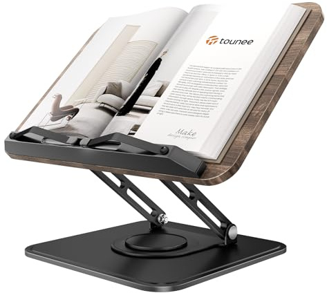 Tounee Atril, Soporte Giratorio 360° para Libros, Ajustable y Plegable, Manos Libres con Clips Protectores. Ideal para Libros de Cocina/Recetas y Escritorio, Compatible con Todo Tipo de Libros - Negro