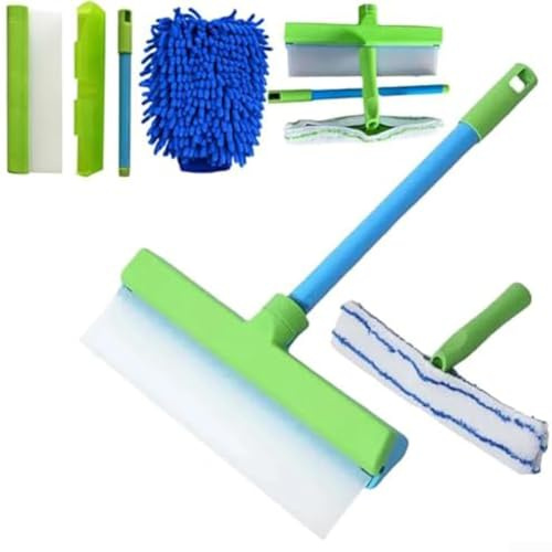 Silikonskrapa kit för fönsterrengöring med remsablad och ergonomiskt handtag för fläckfria speglar, duschdörrar och bilvindrutor (blå och vit)