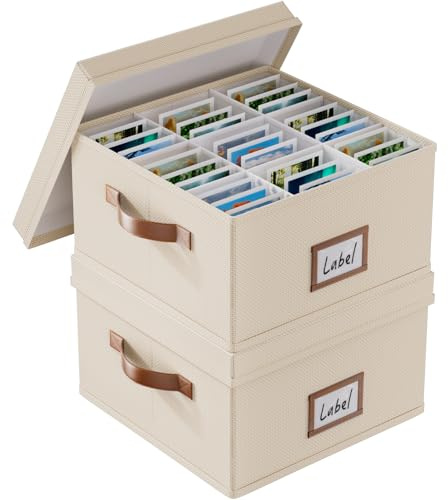 Decorative Photo Storage Box - 2Pcs Photo Organizer with Dividers , Linen Fabric Picture Box for Photos Up to 2000 Pictures and 4x6 Photos Memory Keepsake Organizer for Photos us to Photo Stamp Card