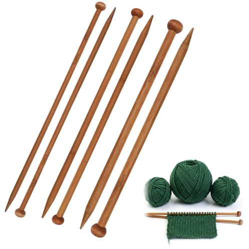 ACKKOR Lot de 6 Aiguilles à Tricoter en Bambou 6, 8, 10 mm, 25 cm, Bois, Pointues, Taille Adaptée aux Mains d'enfant, Kit Débutant Laine