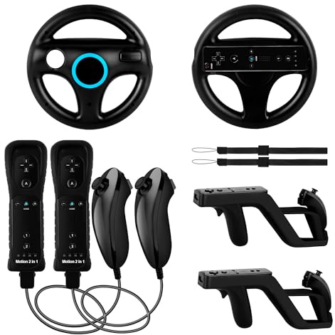 KOUROU 8PCS Motion Plus Wii Remote Controllers with Nunchucks, Mario Kart Steering Wheels and Zapper Light Gun (Black)