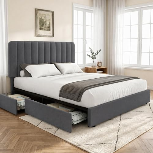 VECELO Lit Double Rembourré 140 x 200 cm avec 4 Tiroirs et Tête de Lit Réglable, Cadre de Lit en Velours, Support à Lattes en Bois Solide, Facile à Assembler, Gris