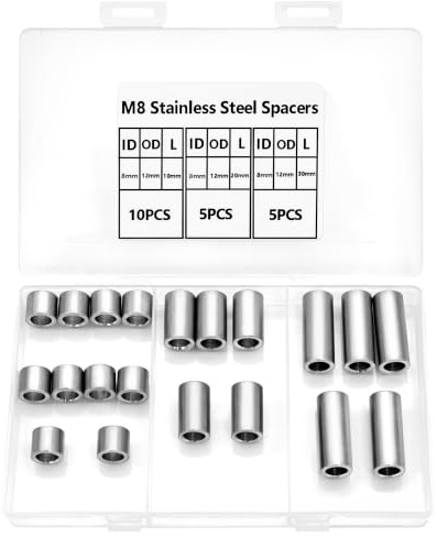 20 Piezas Espaciadores de Acero Inoxidable 304 M8, Casquillos Separadores No Roscados, DI 8 mm x DE 12 mm, Surtido de 10 mm/20 mm/30 mm, con Caja Organizadora Transparente