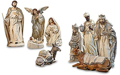 Loberon Figur 9er Set Liré, handbemalte Figuren, Weihnachtsgeschichte, Weihnachtsfiguren, Weihnachtsdekoration, Weihnachten, Polyresin, Creme