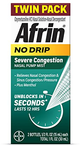 Afrin No Drip Severe Congestion Nasal Mist Twin Pack, Non-Drowsy, Fast-Acting Decongestant for Nasal Congestion and Sinus Pressure Relief, Adults and Children 6 and Older, .5 fl oz (Pack of 2)