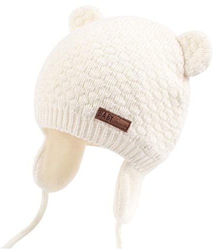Duoyeree Baby Winter Hat Earflap Cotton Lining Knit Beanie Cap for Toddler Girl Boy (0-6 Month, White)