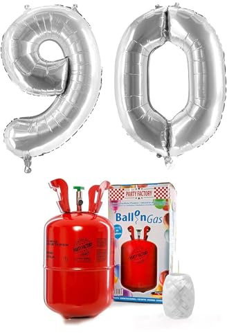 PARTY FACTORY Helium Set 90 mit XXL Zahlenballons, Ballongas und Ballonschnur - für Geburtstag, Jubiläum, Jahrestag; Gold, Silber, Schwarz, Pink, Rosa, Rosagold, Bunt (Silber)
