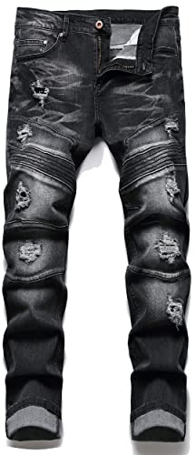 AITITIA Men's Biker Zipper Deco Washed Straight Fit Jeans, 158 Dimgray, 32