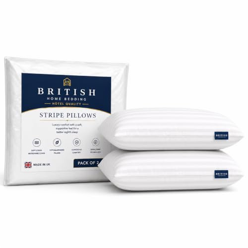 British Home Bedding 2 Pack Hotel Quality Bounce Back Side Sleeper Bed Pillows Hypoallergenic & Anti Dust Mite Resistant Premium Filled (Stripe Pillow, Pack of 2)